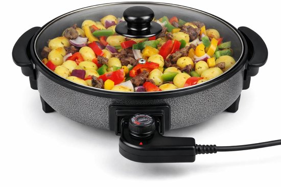 Alpina Pfanne – Party-Pfanne mit Deckel und Thermostat – Antihaftbeschichtung zum Braten und Warmhalten – 1500 W elektrische Pfanne mit Glasdeckel – Cool-Touch-Griffe – Ø 40 cm