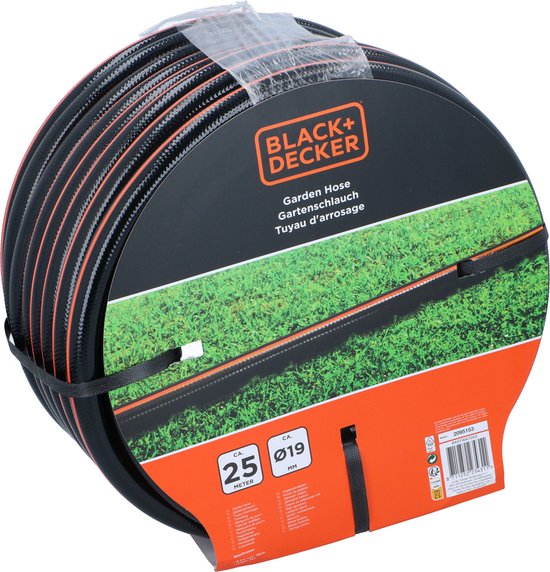 BLACK+DECKER Gartenschlauch 25 Meter - ⌀19MM - Strapazierfähiges PVC - Gartenbewässerung, Autowäsche, Poolbefüllung - Passend für jeden Standard-Wasserhahn - Schwarz/Orange