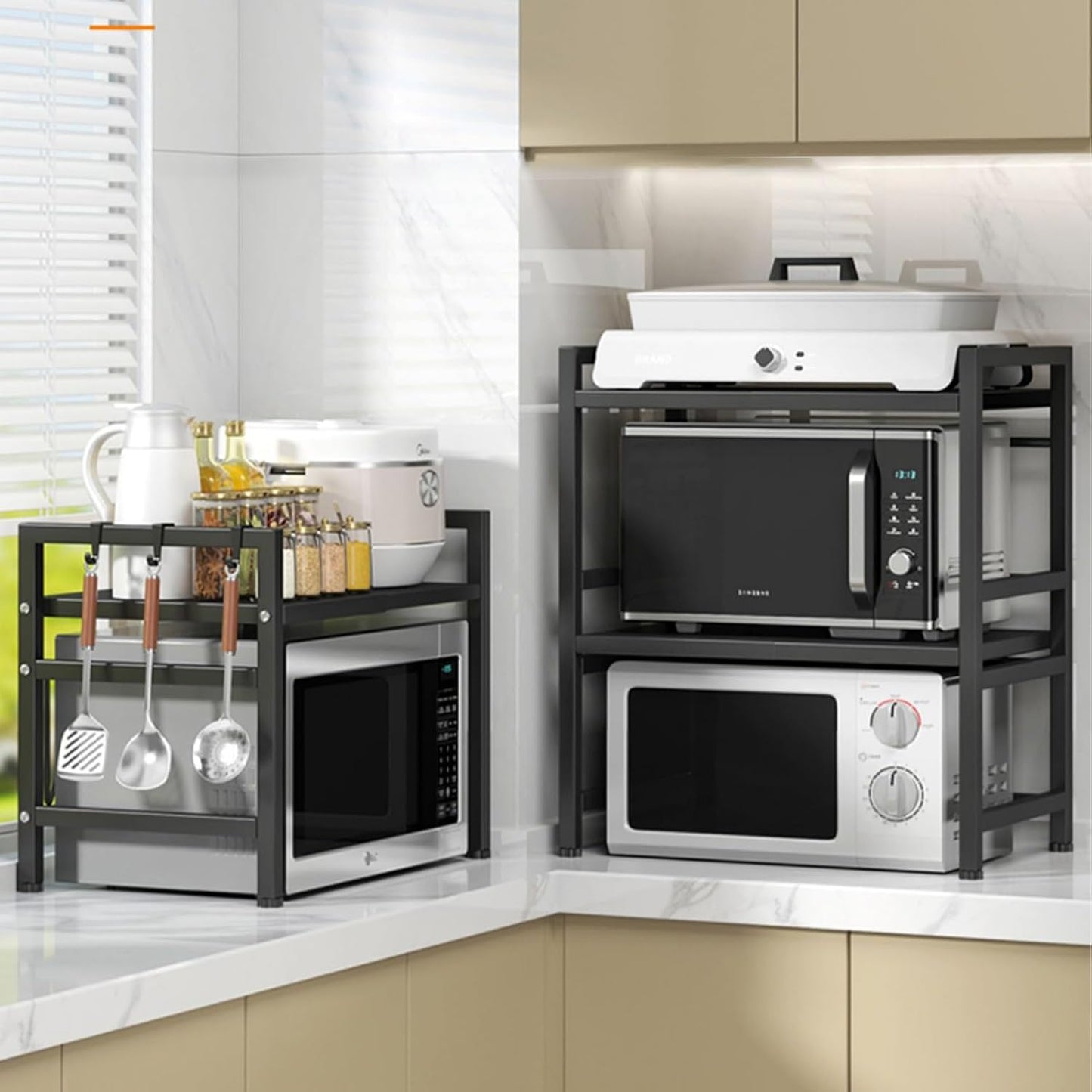 Verstellbares Mikrowellenregal, schwarz – Wandhalterung für Mikrowelle und Backofen – Doppelte Ebene