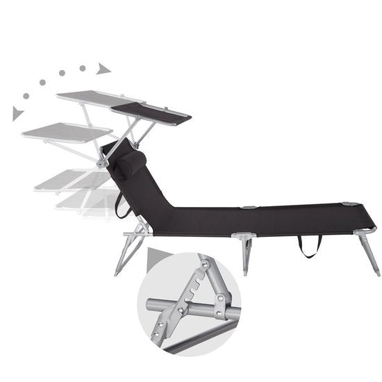 Tectake - Sonnenliege - Stahlgestell mit Schiebedach - robust, 4-fach verstellbare Rückenlehne inklusive Kissen - Ideal für Garten, Pool, Camping - Schwarz