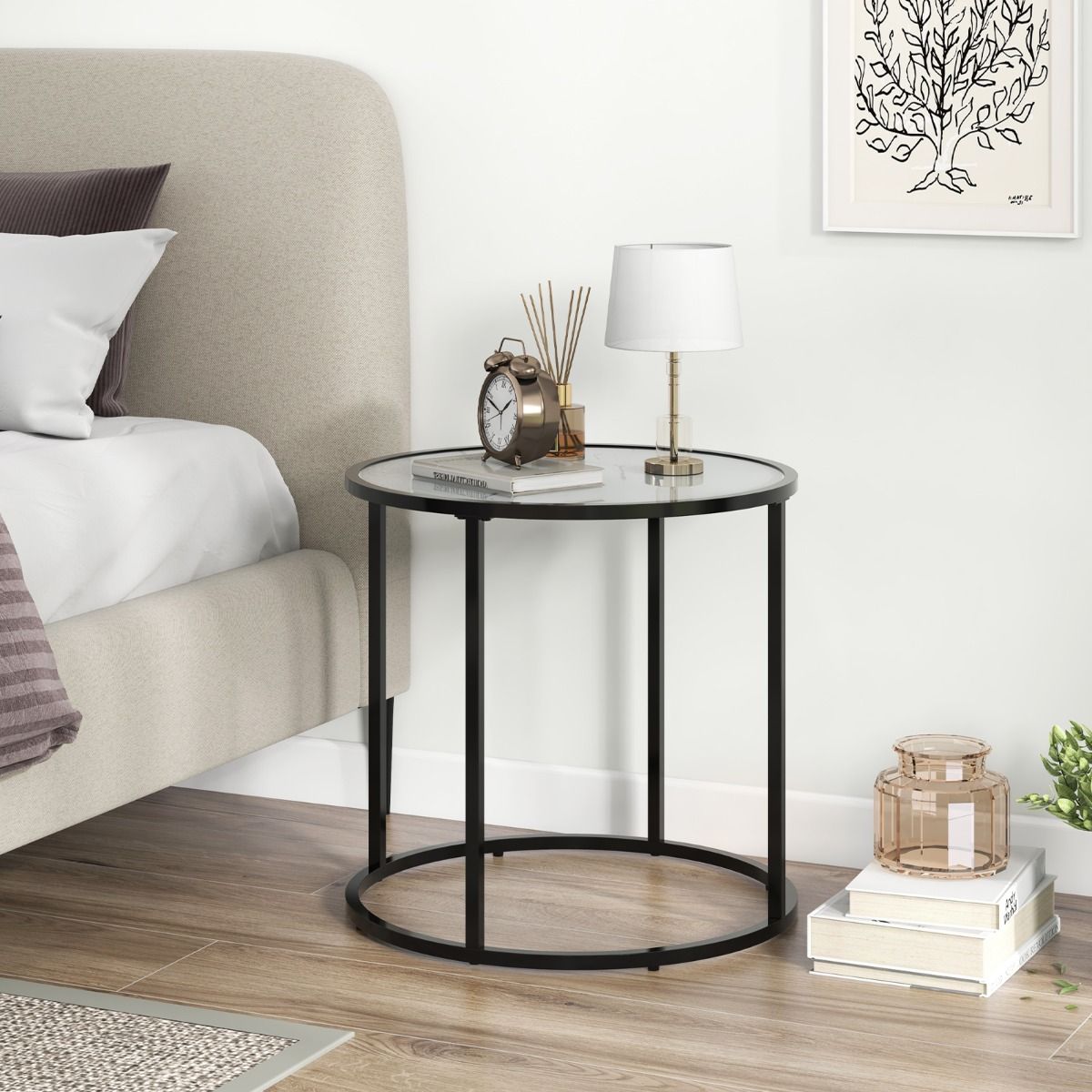 Coast 50 cm Runder Beistelltisch aus Glas mit Platte in Marmoroptik und schwarzem Metallgestell - Modernes Design