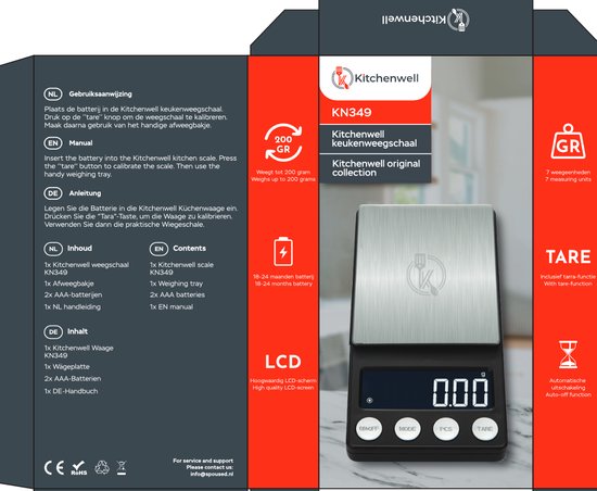 Kitchenwell Digitale Präzisionsküchenwaage - Küchenwaage - 1gr - 10kg - Tara-Funktion - USB wiederaufladbar - Grau