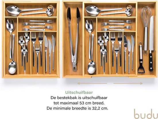 Budu Extendable Bamboo Cutlery Tray #43 - Besteckkassette Holz  - 43 x 32.2 - 53 cm - 6/8 Fächer
