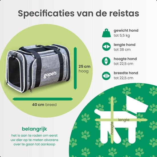 Gopets Tragetasche Hund und Katze - Hundetasche - Reisetasche - Katzentasche - Geeignet für Flugzeuge - Bis zu 5,5 kg - Grau