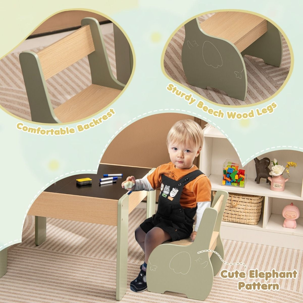 Coast Kindertisch mit Stuhl - 3 Stück - 2 Stühle - abnehmbare Platte - 63,5 x 61,5 x 48cm - grün