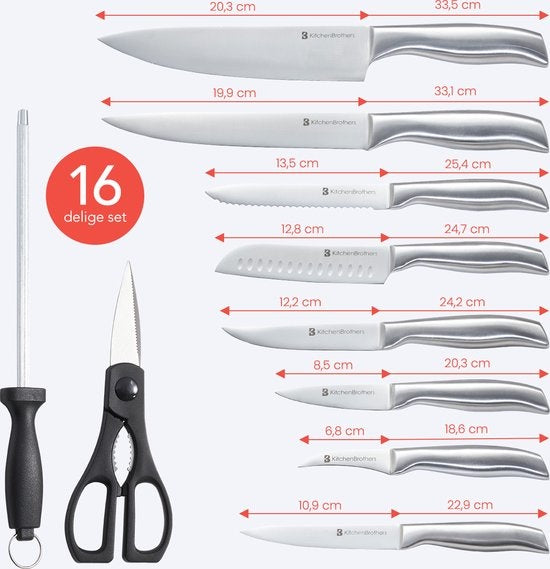 KitchenBrothers Messerset - Messerblock - 16-teilig - mit Schere und Wetzstahl - Silber/Edelstahl