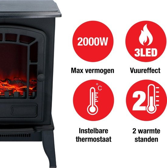 Classic Fire - Elektrischer Kamin - LED Flammen - 2000W - CE zertifiziert - Schwarz
