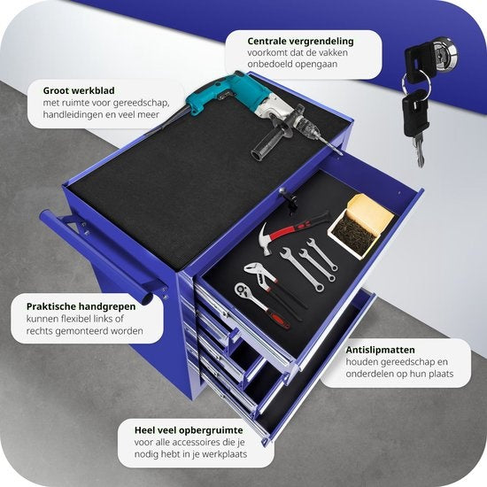 tectake - Werkzeugwagen mit 5 Schubladen - blau - 402798