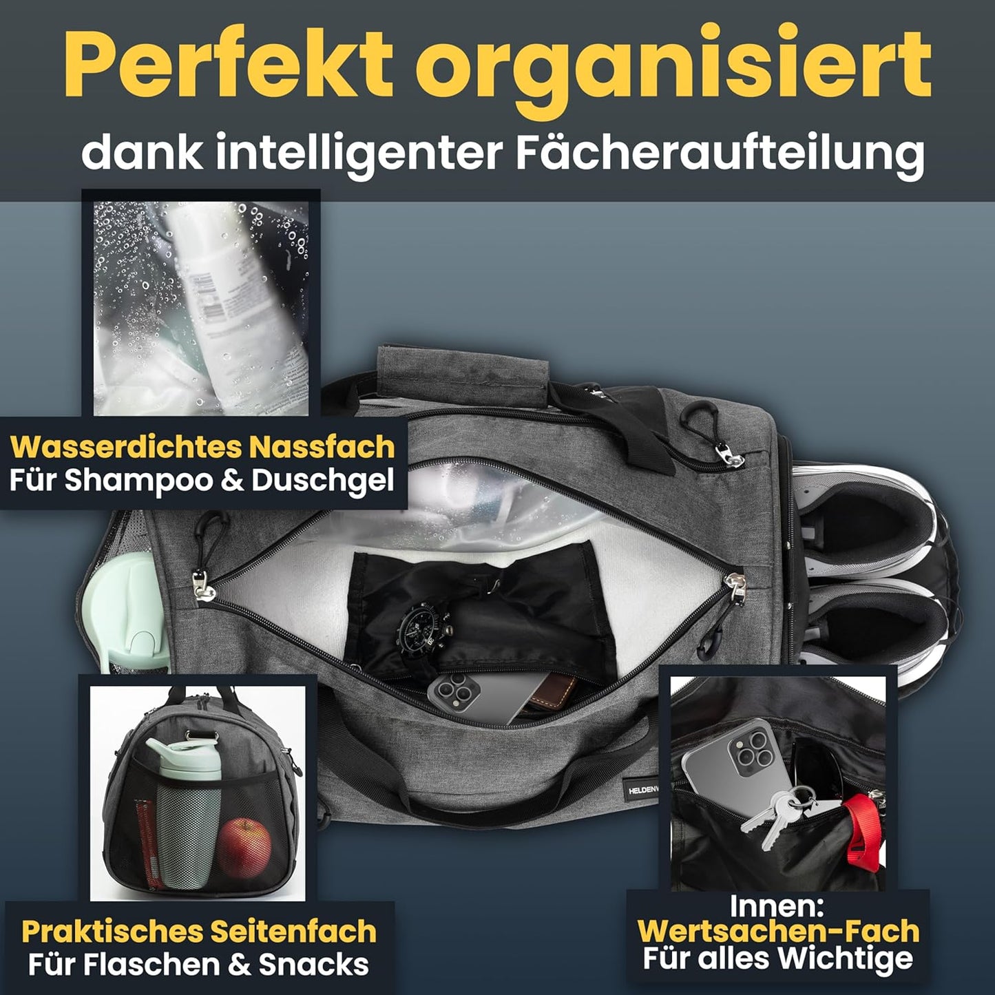 Herowerk Sporttasche mit Schuhfach und Nassfach, Trainingstasche für Damen und Herren, ideal als Reisetasche, Fitnesstasche, Trainingstasche oder Sporttasche, grau, Sporttasche mit Schultergurt