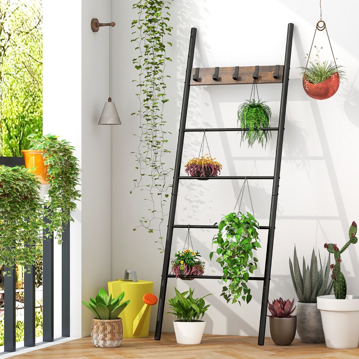 Coast Wand-Leiterregal 5-lagig 60x3,5x180 cm Rustikales Braun & Schwarz mit 5 abnehmbaren Haken