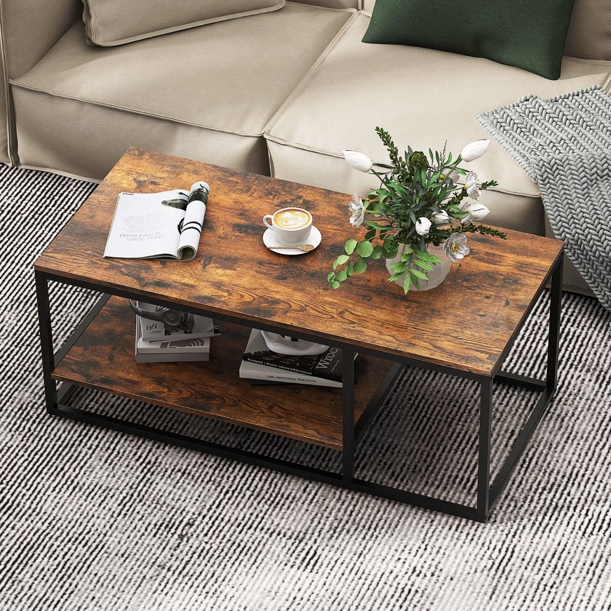 Coast Couchtisch – rechteckig – 2-stöckiger Stauraum – rustikales Braun und Schwarz – 105 x 50 x 42,5 cm