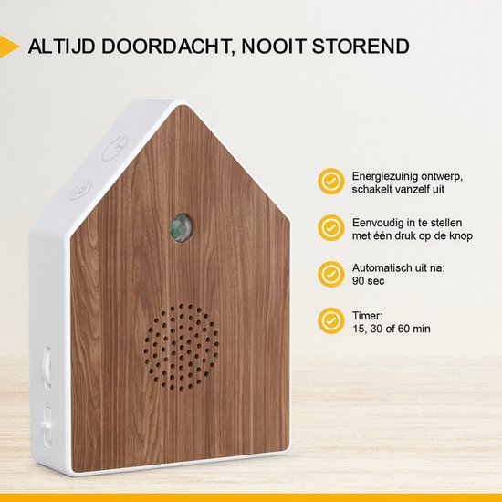UPLY Birdhouse With Sound - Vogelhaus mit Sensor - 5 Naturgeräusche für Toilette/WC - Bewegungsmelder - Zwitscherbox - Geschenk - Inkl. Befestigung - Weiß - Eiche