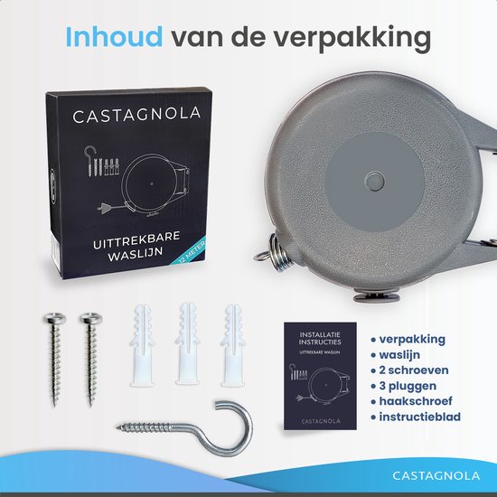 Castagnola Wäscheleine - Ausziehbare Wäscheleine - Wäscheleinenfaden - Wäscheleine 12 Meter - Kapazität bis zu 13 kg