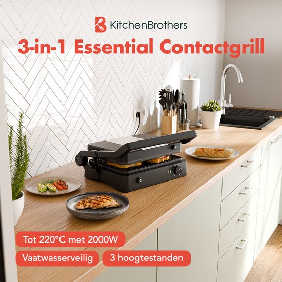 KitchenBrothers Kontaktgrill - Grillgerät - Abnehmbare Grillplatten - Panini Grill - 3 Höheneinstellungen - Toasti Eisen - 2000W - Schwarz
