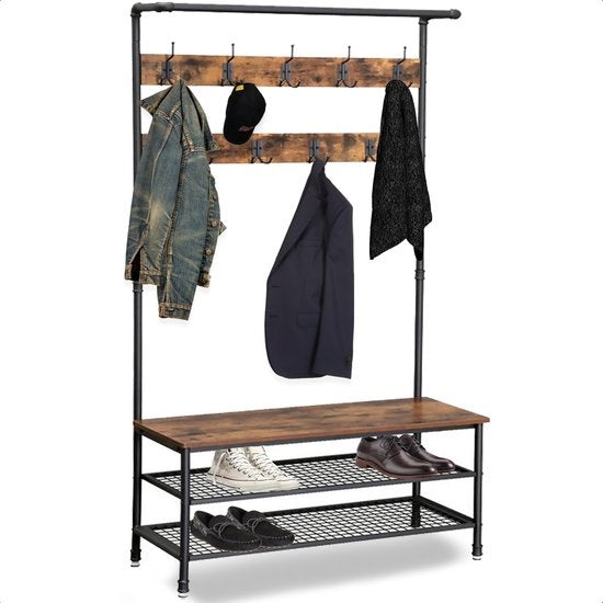 Goliving Garderobe XL - Garderobenständer - Schuhablage - Stehend - Industrieschrank - Metall/Holz - 100 x 41,5 x 182 cm - Braun/Schwarz