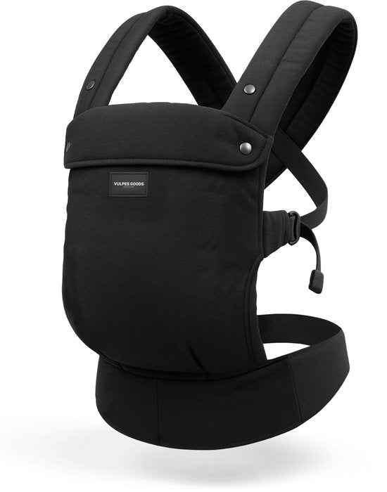 Vulpes Goods® BabyCare - Babytrage - Ergonomische Babytrage 0-36 Monate - Luxus-Bauchtrage bis zu 20 kg - OEKO-TEX® Baumwolle - Freihändiger Komfort - Mit Rückenstütze & M-Position - Schwarz