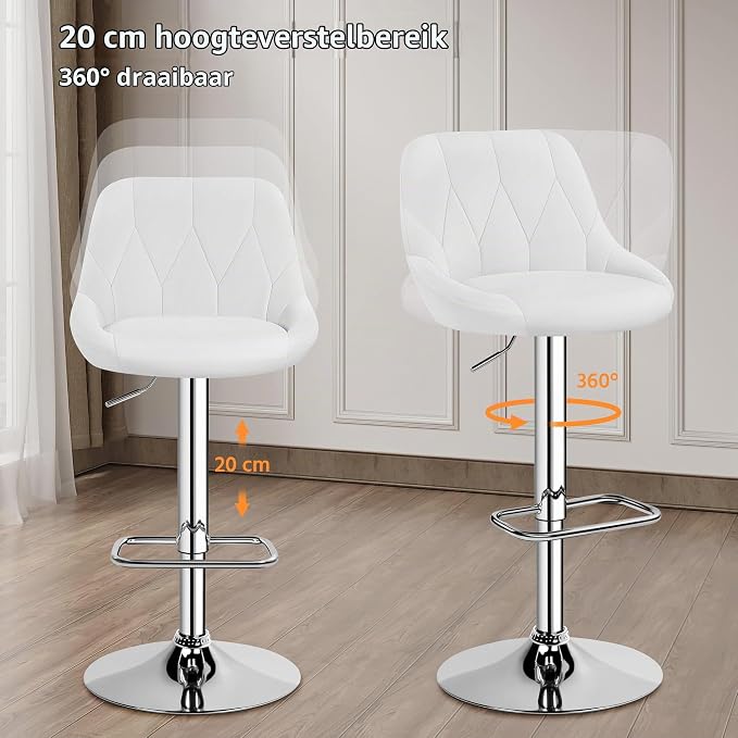 Yaheetech Barhocker mit Rückenlehne und Fußstütze – Kunstleder – Verstellbar von 86 bis 107,5 cm – 46 x 49 cm – Weiß