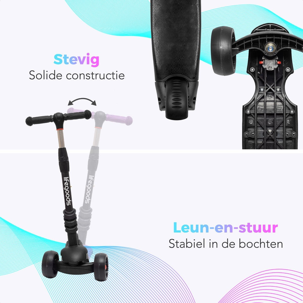 LifeGoods MultiRider Kids' Scooter - Stufe 3-8 Jahre - Verstellbarer Sitz - Leuchtende Räder - Jungen/Mädchen - Schwarz