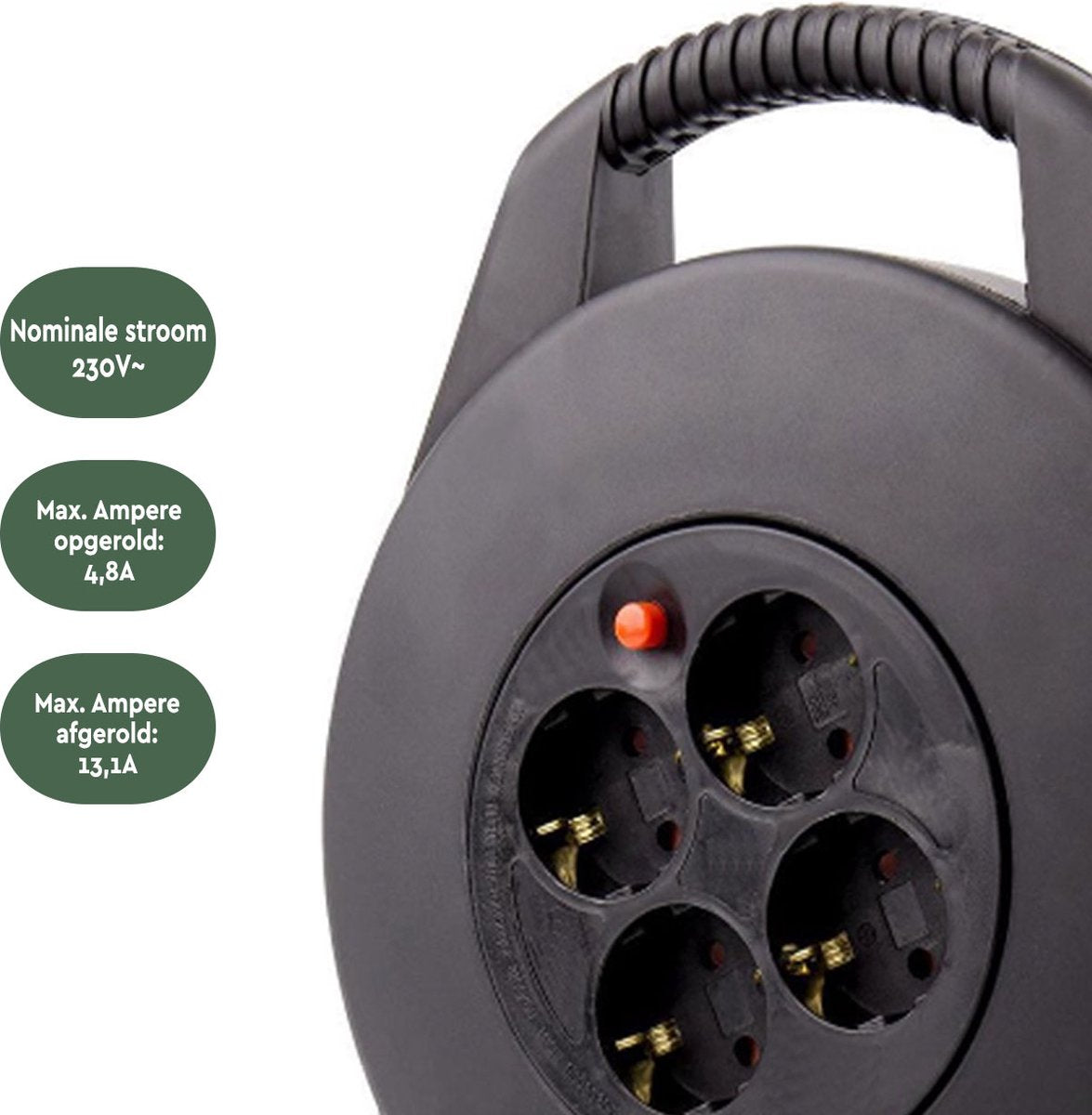 BRASQ Kabeltrommel - 4-fach - Schwarz - 10 Meter - Trommelverlängerungskabel - Verlängerungskabel - Mit Erdung - Für den Innenbereich