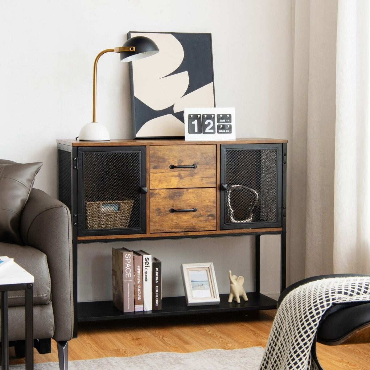 Coast Industrial multifunktionales Sideboard mit 2 Gitterschränken und 2 Schubladen 100 x 35 x 85 cm
