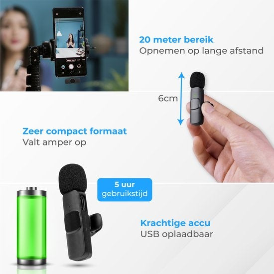 Nuvance - Drahtloses Mikrofon - Tie Pin Mikrofon - Geeignet für Usb-C & Apple Lightning - Lavelier Mikrofon - Plug & Play