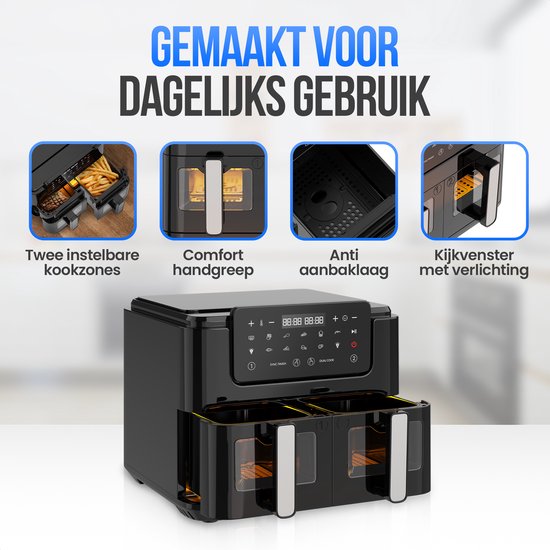 Strex Airfryer XXL - 10L - 2500W - Heißluftfritteuse - Double Airfryer - 50ºC bis 200ºC - 10 Kochprogramme - Schwarz