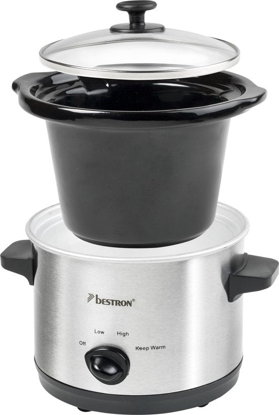 Bestron Slowcooker, mit 3 Programmen, Keramikpfanne & Glasdeckel, für 2 Personen, 1,5L Fassungsvermögen, spülmaschinenfest, 120 Watt, Farbe: silber