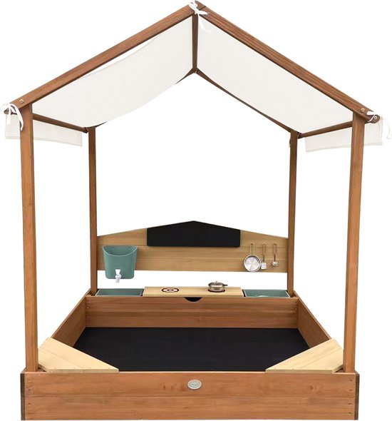 AXI Meli Sandkasten & Spielhaus 120 x 120 cm mit Spielküche – Braun – Mit Dach – FSC-Holz – Mit Kreidetafel, Wassertank und 6-teiligem Spielzeug-Kochset – Mit 2 Bänken - Inklusive Bodenplane – 10 Jahre Garantie