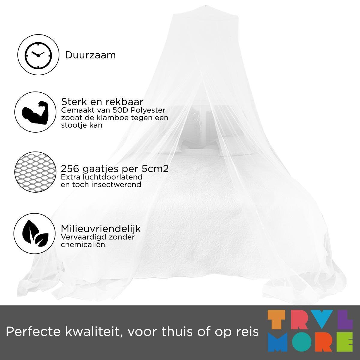 TRVLMORE Double XL Moskitonetz de Luxe - Rundes Moskitonetz - Reise-Moskitonetz - Anti-Moskitonetz geeignet für Doppelbett - Extra groß - mit Aufhängeschnur - Weiß