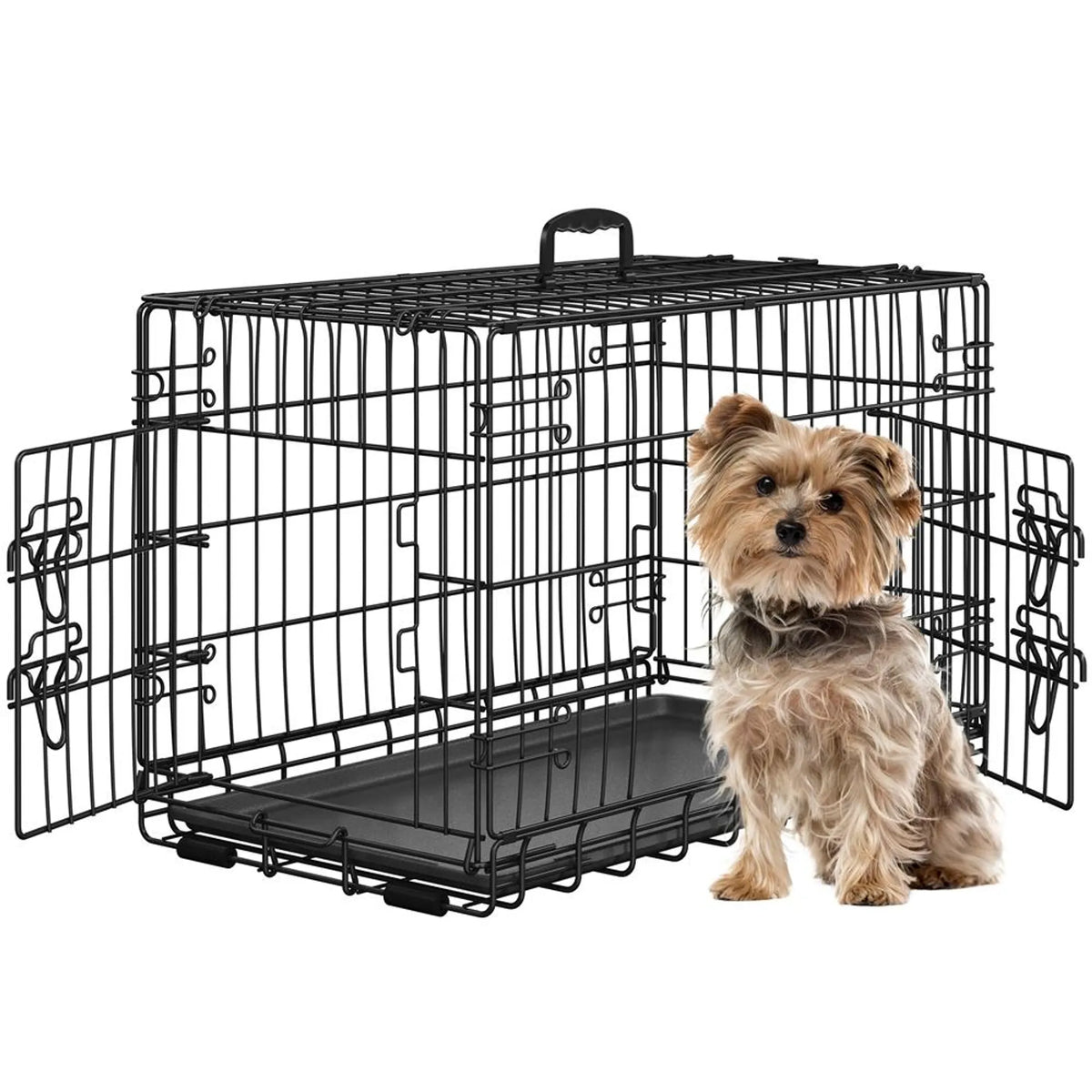 Yaheetech Faltbare Hundebank - 76 x 45 x 51 cm - Mit Trennwand und abnehmbarer Bodenplatte und Doppeltür - Für kleine Hunde - Schwarzes Metall und Kunststoff