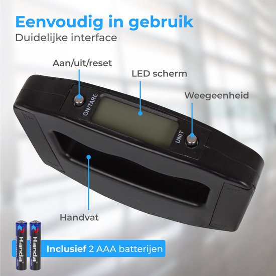 Nuvance - Digitale Gepäckwaage - Gepäckwaage bis zu 50 KG - Inklusive Batterien - Gepäckwaage - Gepäckwaage mit digitaler Anzeige - Hängewaage
