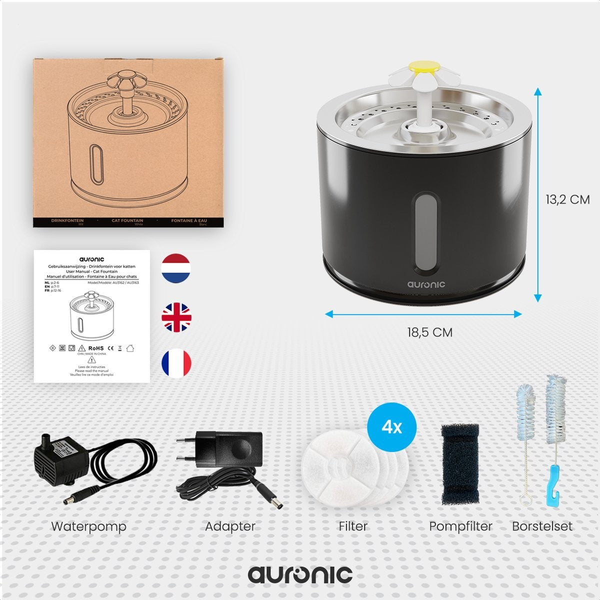 Auronic Trinkbrunnen - Wasserbrunnen für Katzen und Hunde - 2.4L - Tiertränke - Inkl. 3 Filter und 2 Bürsten - Schwarz