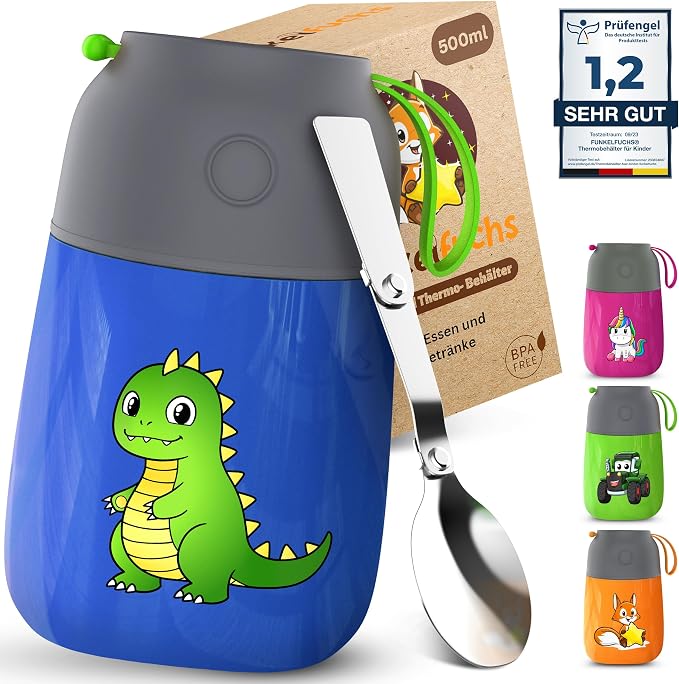 Funkelfuchs Thermos-Lunchbox Dino – 500 ml – Edelstahl – Auslaufsicher – Blau