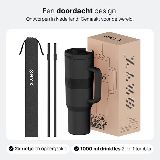 ONYX Trinkflasche mit Strohhalm 1 Liter - Trinkflasche für Kinder & Erwachsene - Thermosbecher Edelstahl Reisebecher - Motivationstrinker - Trinkbecher für die Schule - Onyx Schwarz
