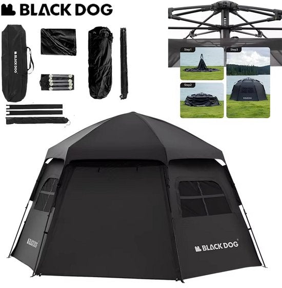 Black Dog Dome-Zelt – Hochwertiges Campingzelt für 6–8 Personen – Sechseckig, automatisch aufstellbar – Tragbares Familienzelt – Zusammenklappbares Vinyl – Schutz vor Sonne und Regen – Schwarz