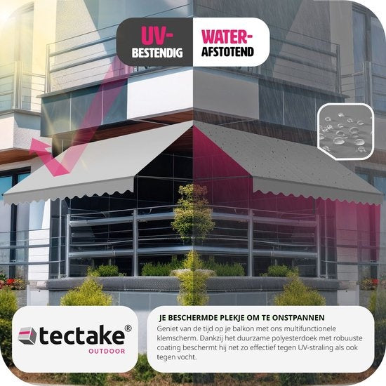 tectake - Klemmmarkise - Sonnenschirm - Markise - Verstellbar - Klemmmarkise - Sonnenschirm Balkon - 350 x 180 cm - hellgrau - Markise - 404967