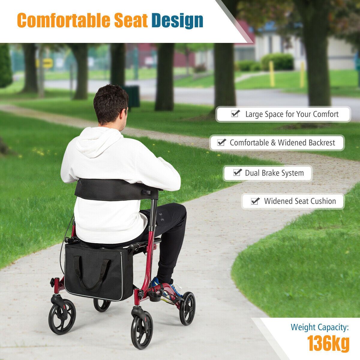 Coast Faltbarer Aluminium Rollator mit 4 Rädern, Rot - 54 x 74 x 82-95 cm