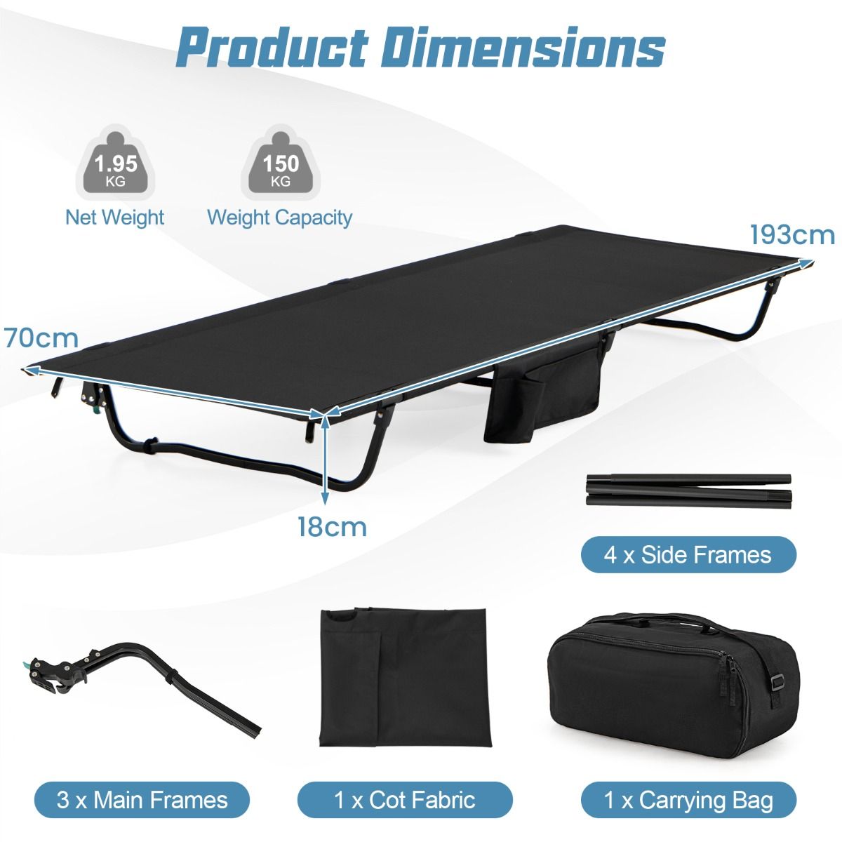 Coast Campingbett – ultraleichtes Feldbett – zusammenklappbar mit Seitentasche – schwarz