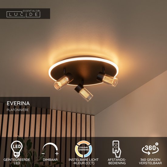 Lucide EVERINA – Deckenleuchte – Ø 40 cm – dimmbare LED – CCT – 2200 K/6500 K – Schwarz – Essential