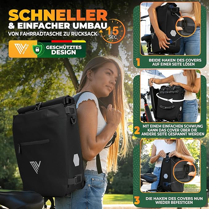 MIVELO Pannier - 3-in-1-Rucksack & Umhängetasche - Wasserdicht - 20 Liter - Schwarz
