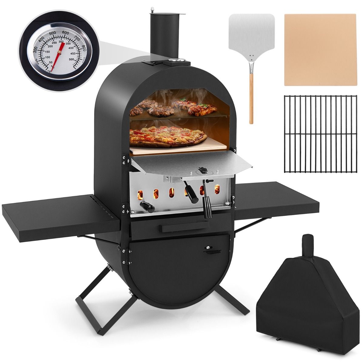 Coast Holzbefeuerter Pizzaofen für draußen - Schwarz - 98 x 31 x 98 cm - Inklusive Pizzastein, Pizzaschaufel und Schutzhülle