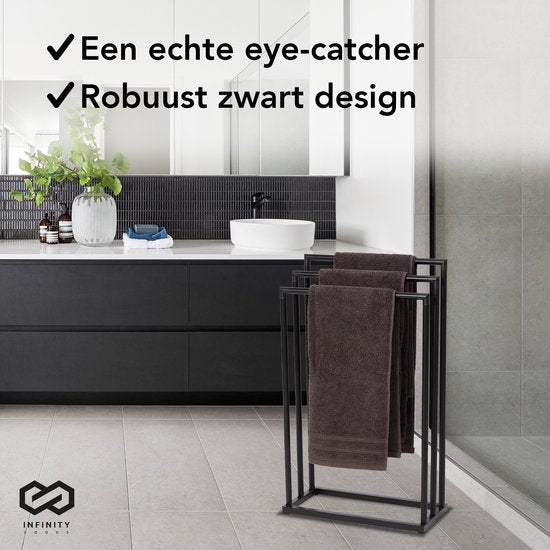 Infinity Goods Handtuchhalter - Badezimmer - 3 Arme - Handtuchhalter - Handtuchhalter - Freistehend - Metall - Schwarz Matt