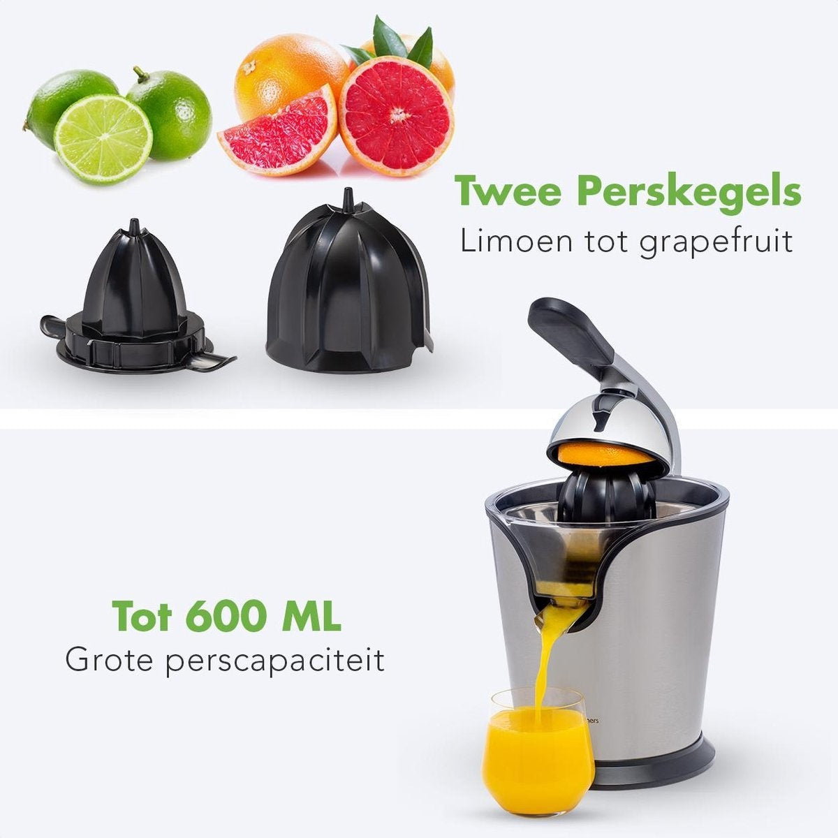 KitchenBrothers Elektrische Zitruspresse - Orangen- und Zitronenpresse - 160W - Edelstahl - Schwarz