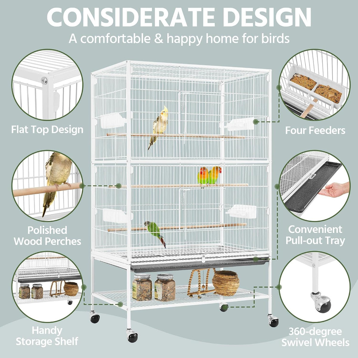 Yaheetech Vogelkäfig mit Ständer – 79 × 51,8 × 132 cm – Weiß – Sittichkäfig mit Rollen, 3 Sitzstangen aus Holz und 4 Futternäpfen