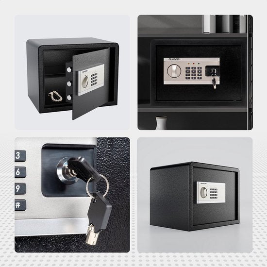 Auronic Elektronischer Safe - Zahlenkombinationsschloss - Schlüssel - Wandmontage - 4,3cm Tür - 130dB Alarm - 28L - 30x38x30cm - 10KG - Stahl - Schwarz