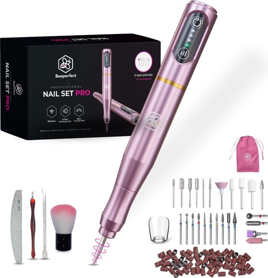 Beeperfect® Cordless Nail File Pro - Nagelfräse - Maniküre- und Pediküreset - Wiederaufladbare Nagelfeile - 25 Bits und 66 Schleifrollen - Pink
