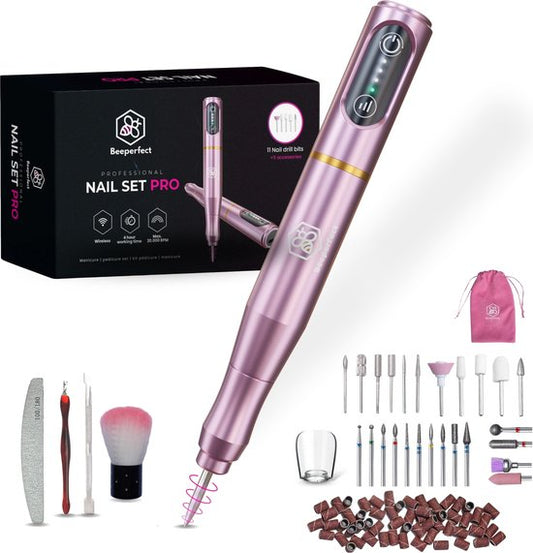 Beeperfect® Cordless Nail File Pro - Nagelfräse - Maniküre- und Pediküreset - Wiederaufladbare Nagelfeile - 25 Bits und 66 Schleifrollen - Pink