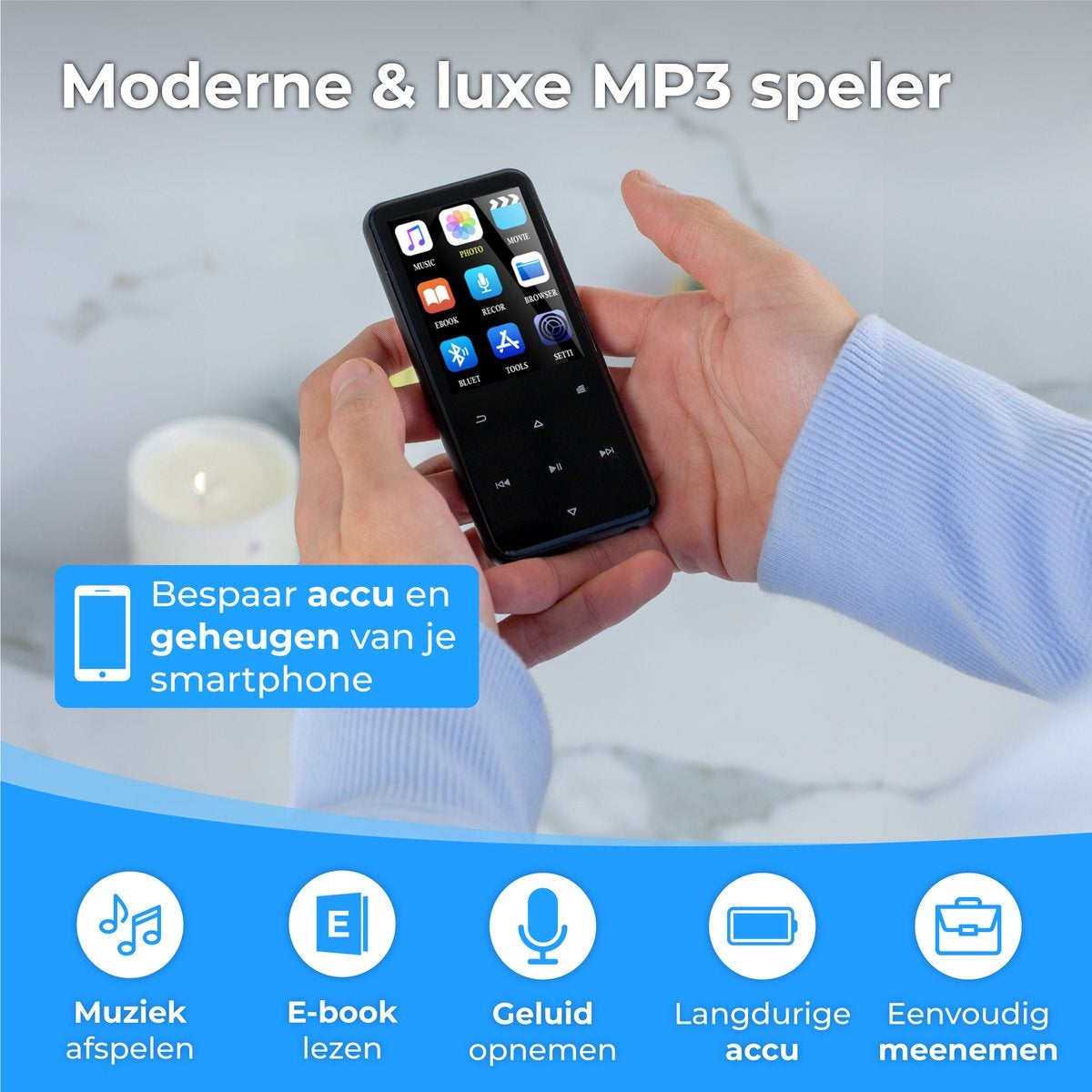 Nuvance - MP3 Player Bluetooth - 16GB interner Speicher - Unterstützung von bis zu 128GB - Voice Recorder Digital - mit FM Radio - Schwarz