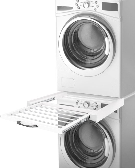 Skoov Abstandshalter für Waschmaschine & Trockner - Stapelset - Mit ausziehbarem Fachboden - Universal - Trockner - Möbel - inkl. Schwingungsdämpfer und Spannband