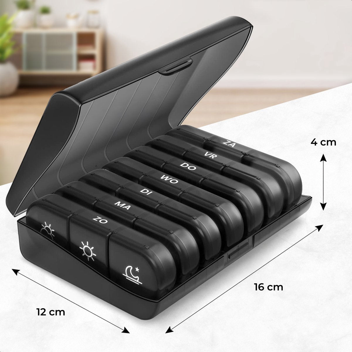 Alyze Medizin-Box 7 Tage Schwarz 15,6 x 12 x 4,2 cm - Pillenbox BPA-frei mit 3 Fächern pro Tag - Kompakte und langlebige Medikamentenbox
